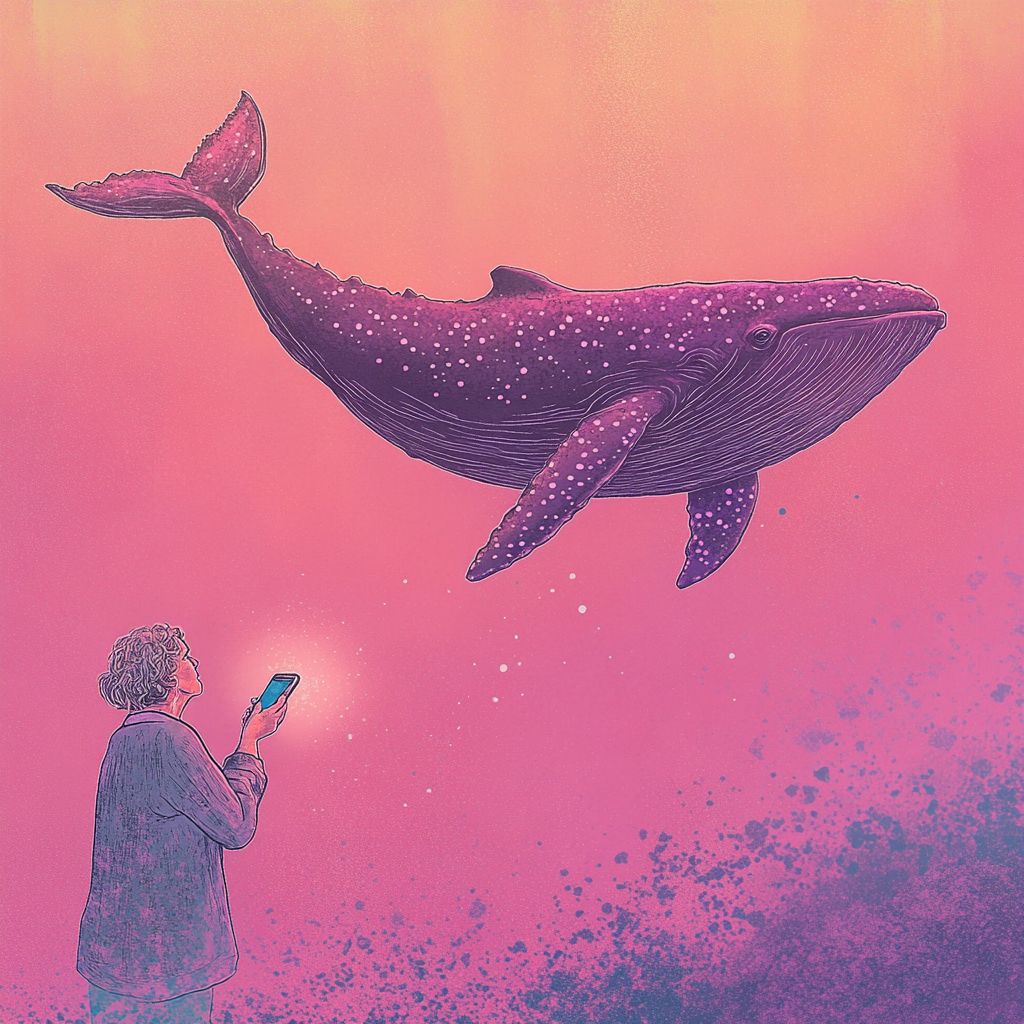 Grandmother talking on phone, whale in art image