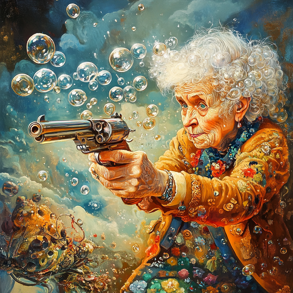 Granny Aiming Bubble Gun in Colorful Scene