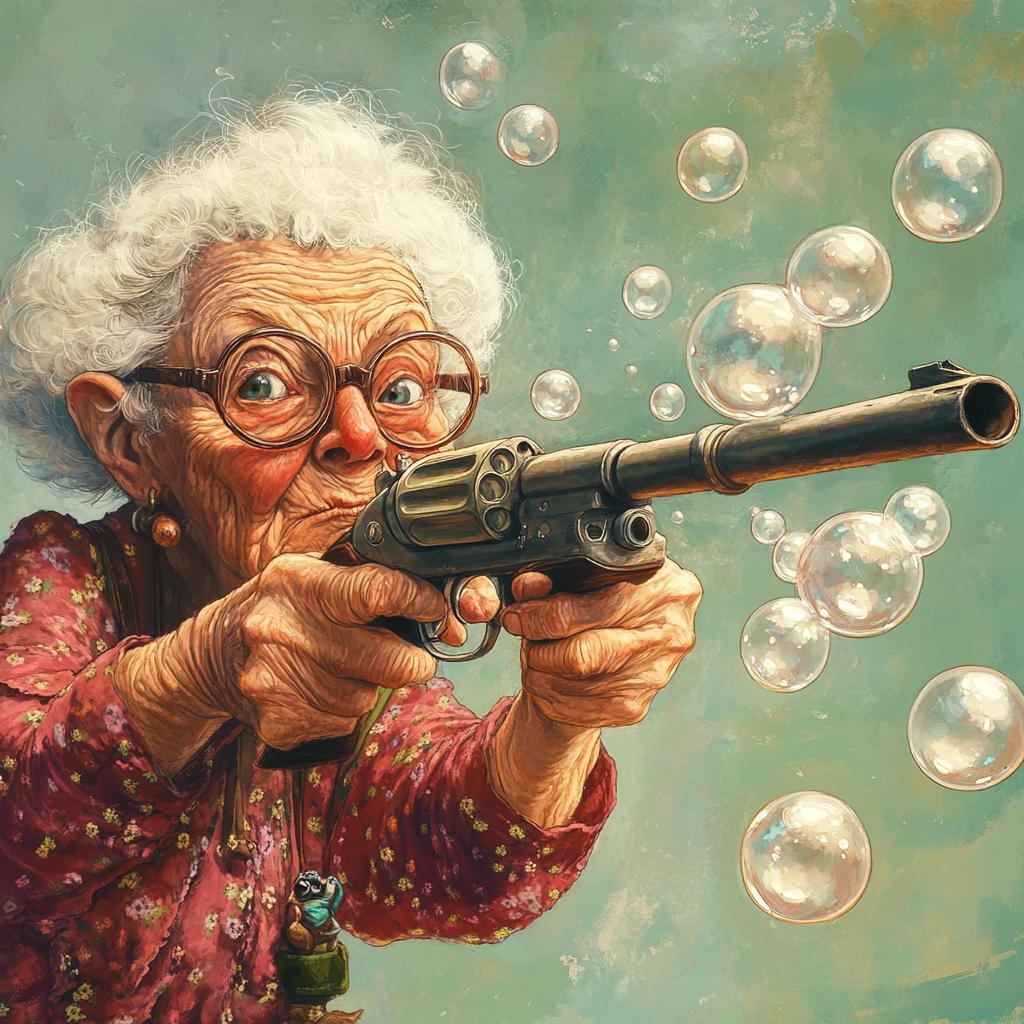 Granny Aiming Bubble Gun in Colorful Setting