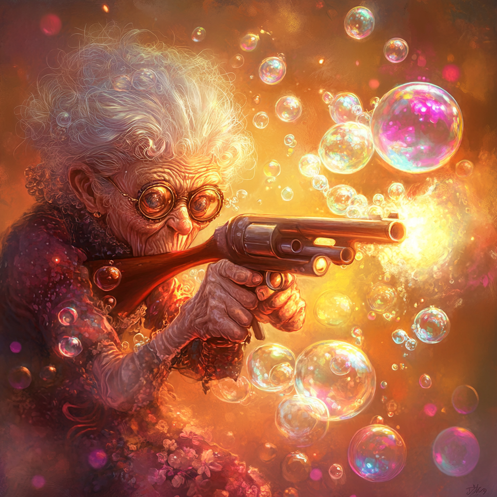 Granny Aiming Soap Bubble Gun in Colorful Setting