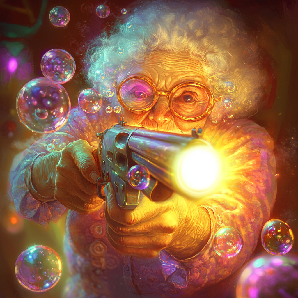 Granny Aims Bubble Gun in Colorful, Comical Scene