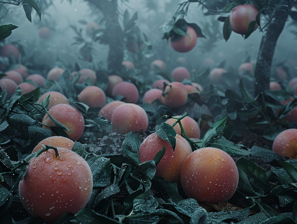 Grapefruits in Pine Forest on Cold Winter Morning