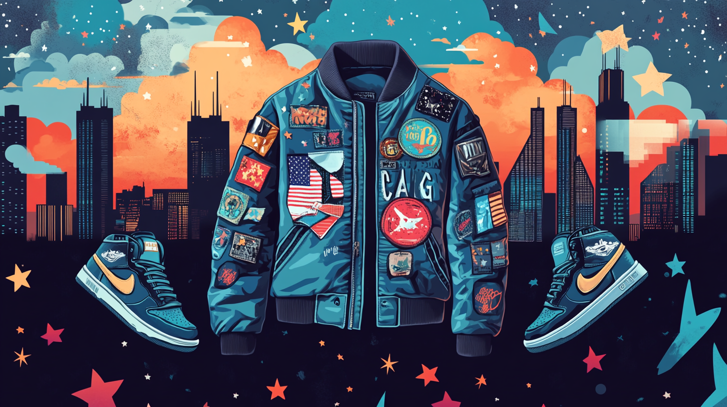 Graphic design of travel-sized Chicago theme with sneakers & patches.