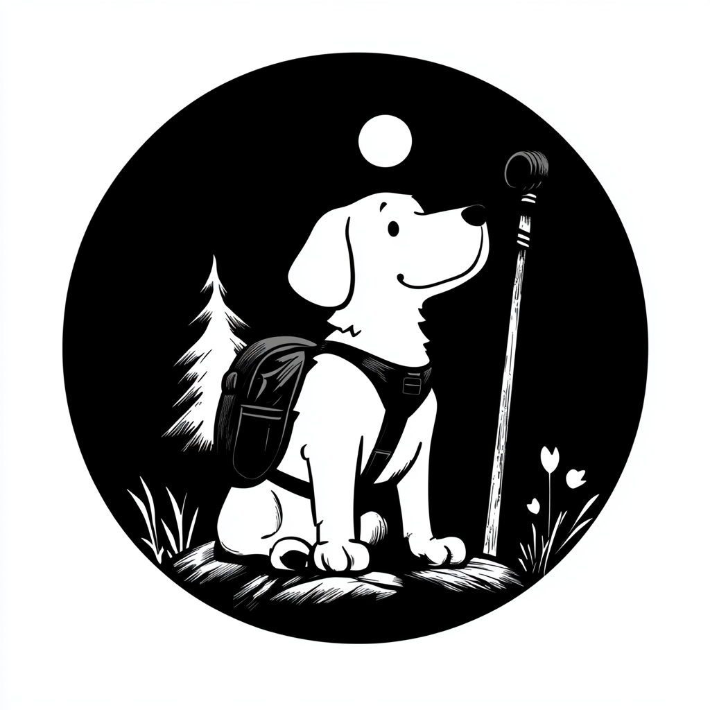 Graphic monochrome logo, circular, techy, silicon valley sleek. Silhouette of Snoopy dog and sherpa staff.