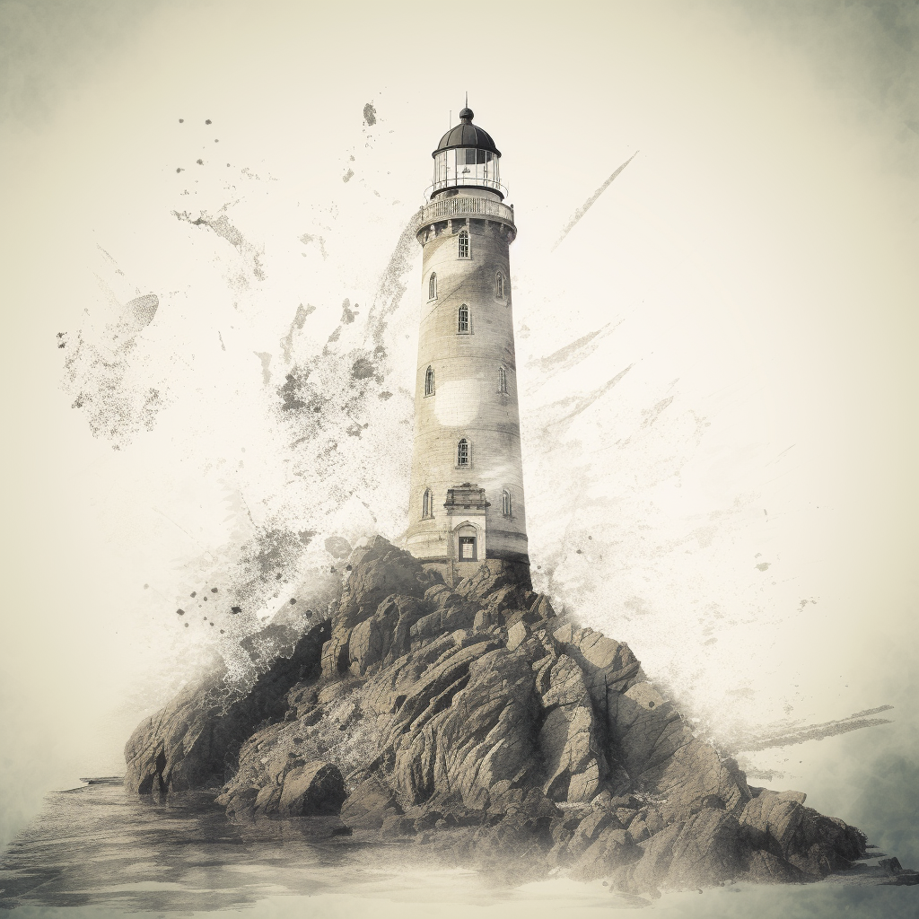 Graphic of classic lighthouse with intricate details, dramatic effects.