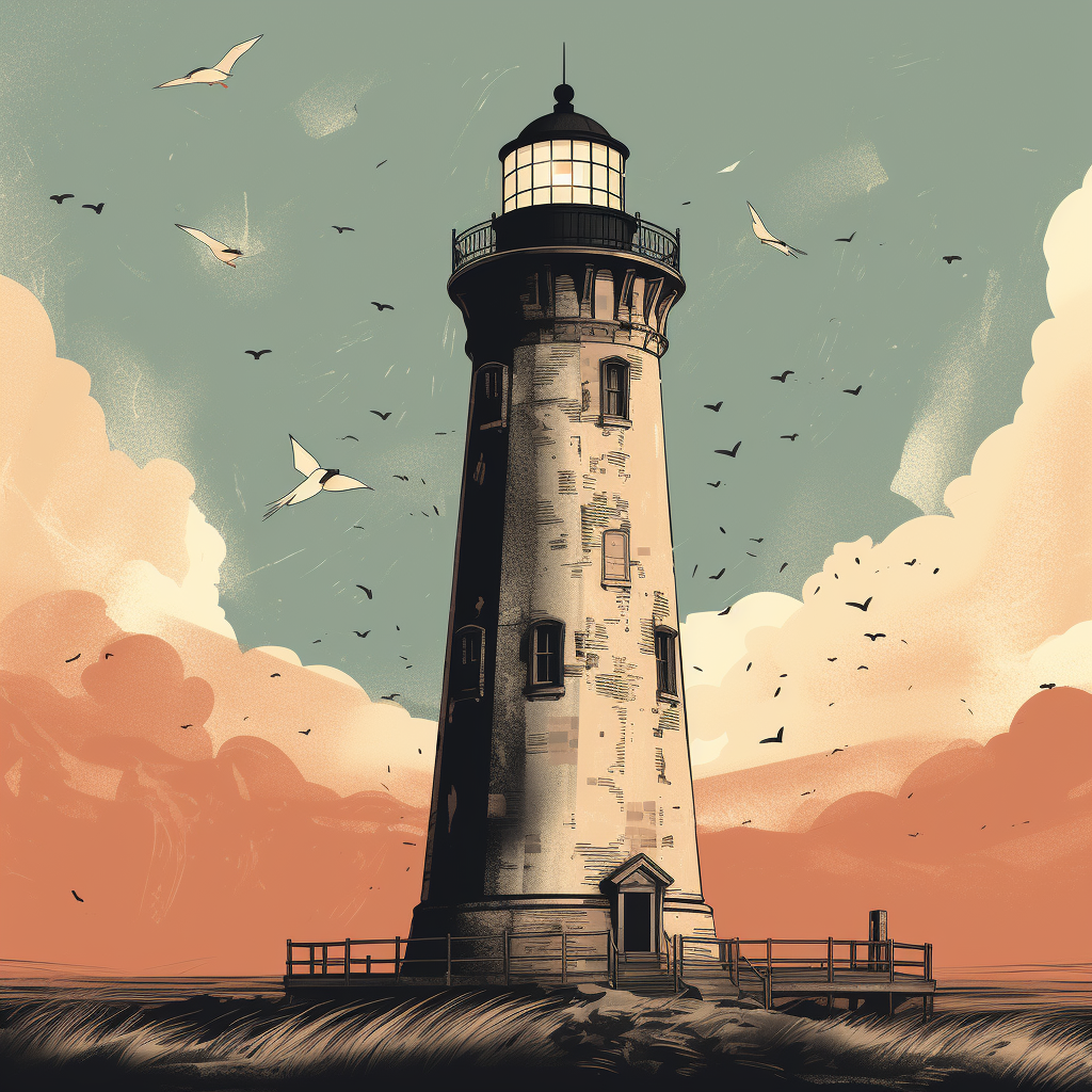 Graphic of detailed classic lighthouse with dramatic effects.