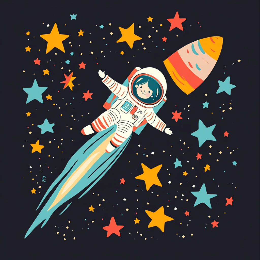 Graphic with stars, shooting star, space lady astronaut.