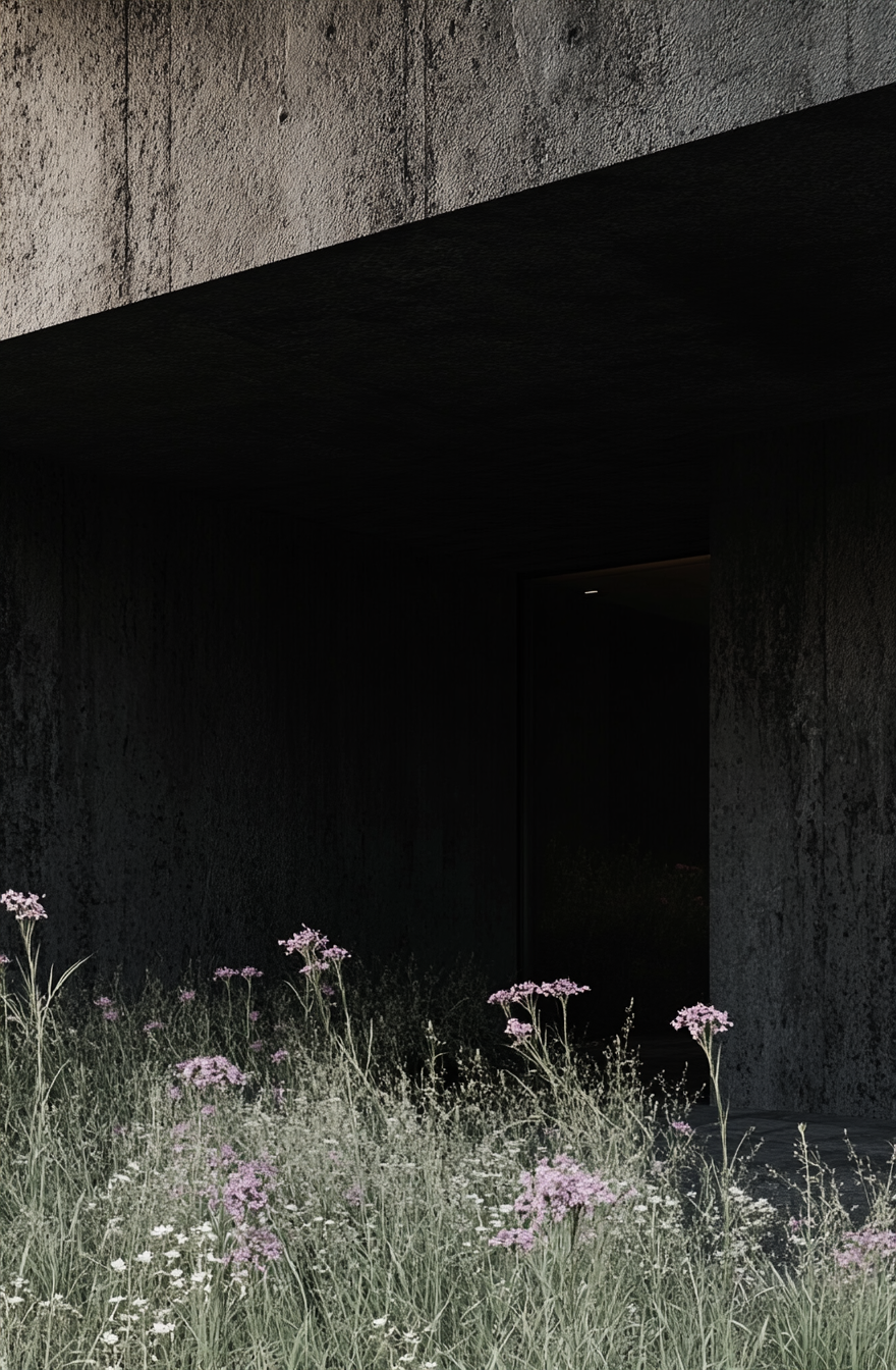 Grass growing in modern building foundation, unreal design.