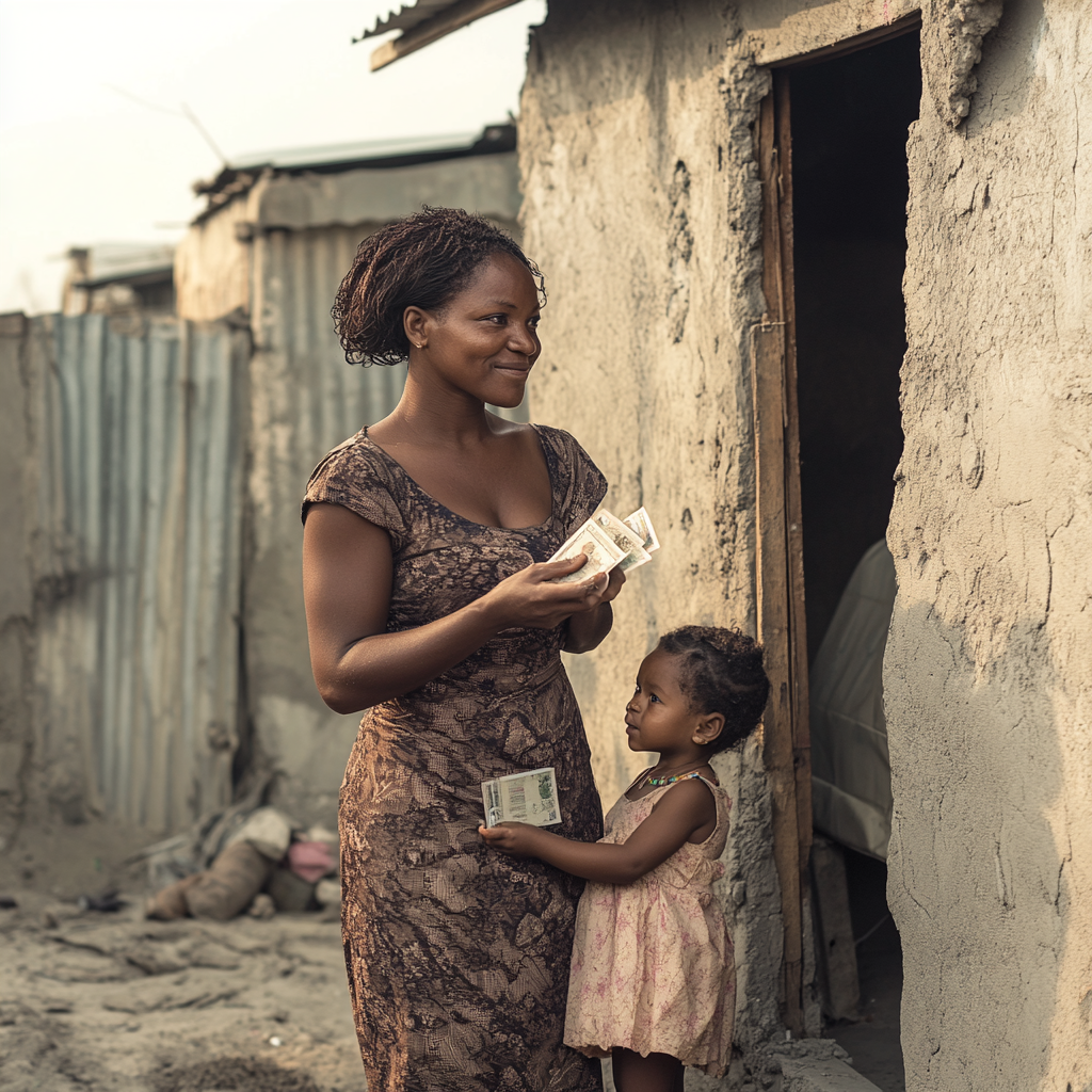 Grateful African Woman Holds Money Near Simple Hut