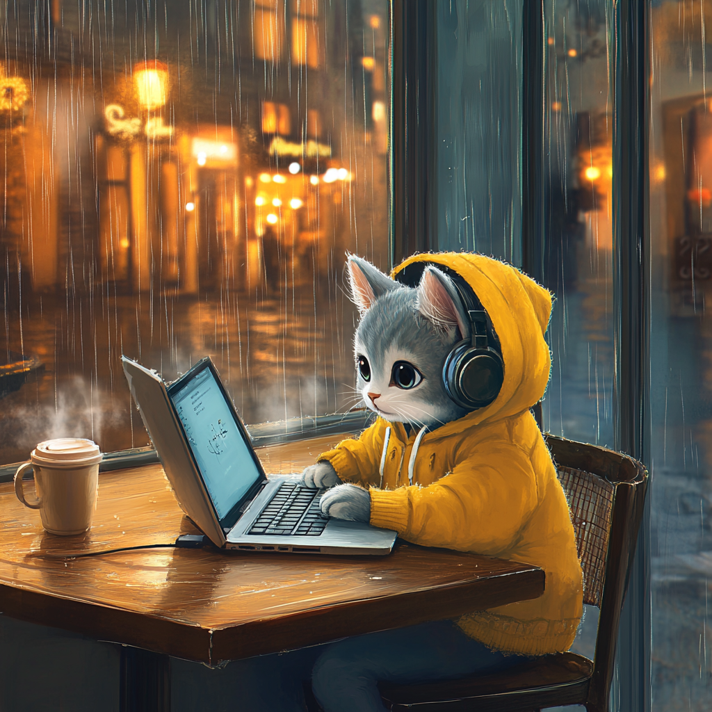 Gray Munchkin cat works on laptop in cozy café.