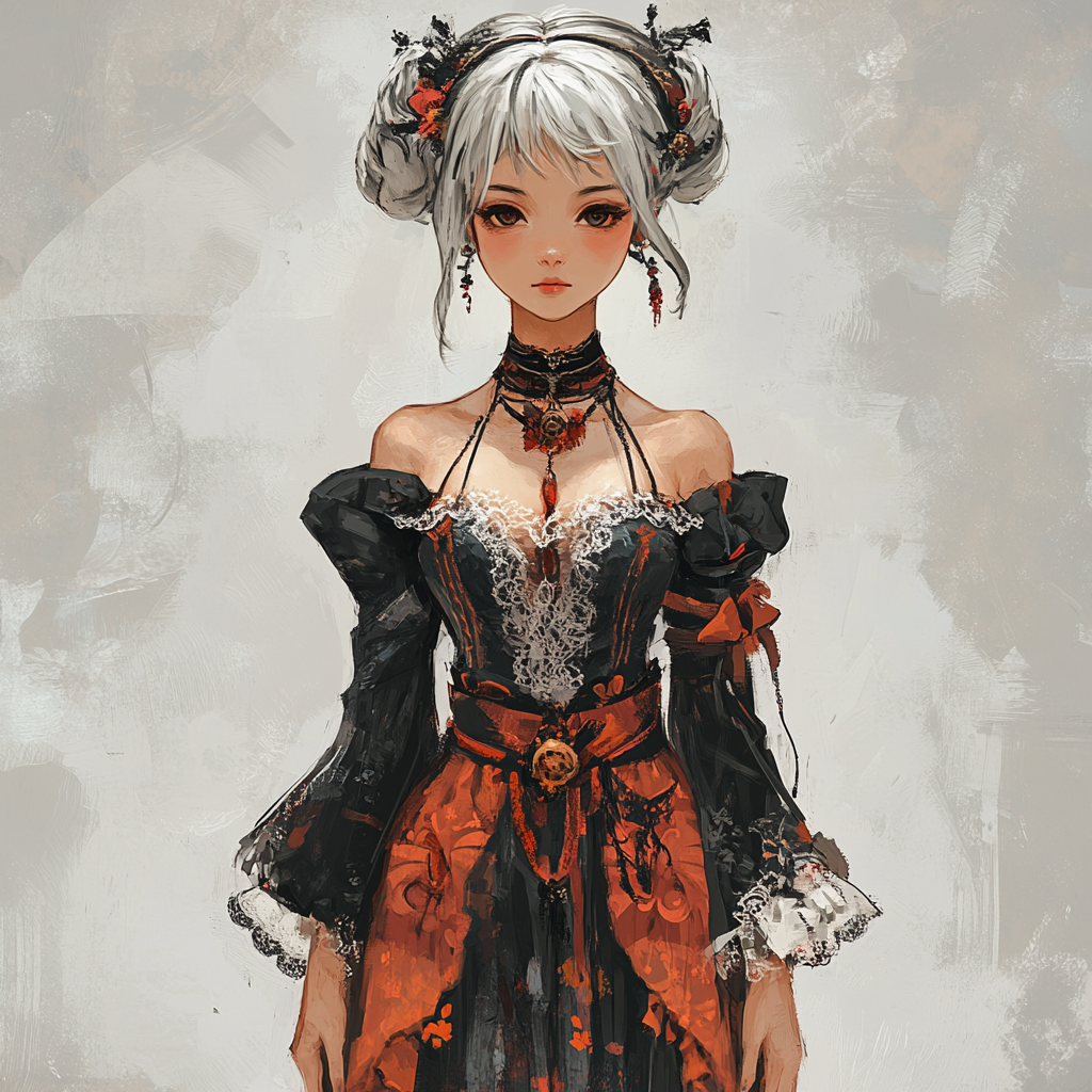 Gray hair, black eyes, baroque-inspired, detailed design.