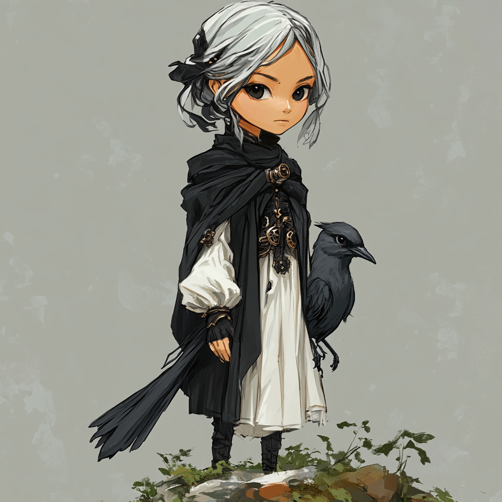 Gray-haired Japanese girl personifying a gray magpie in black.