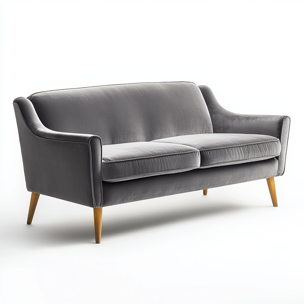 Gray velvet fabric sofa with wooden legs, front view.