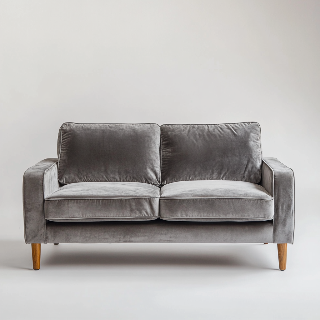 Gray velvet sofa with wooden legs, white background photograph.