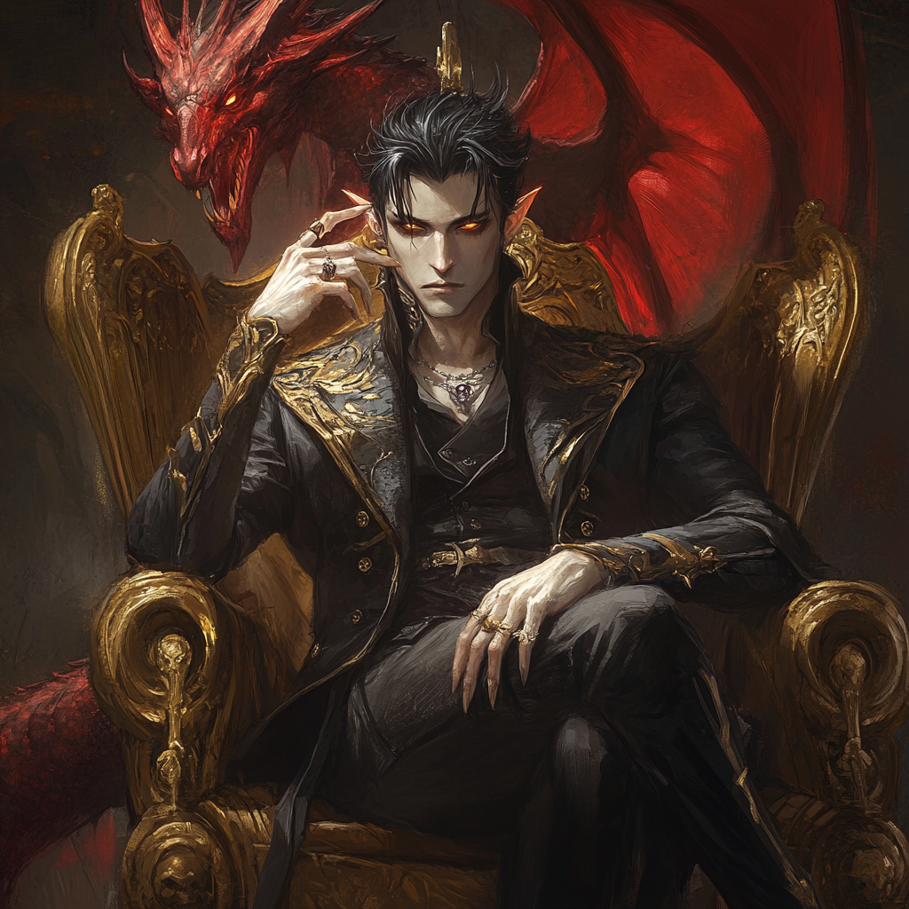 Graz'zt sitting on gold throne with demonic red dragon.