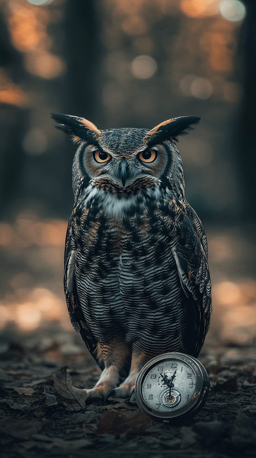 Great horn owl with eyes open and a pocket watch.