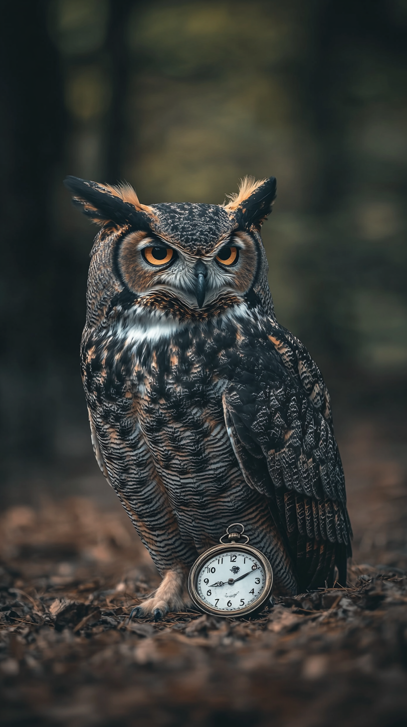 Great horn owl with open eyes standing near old watch.