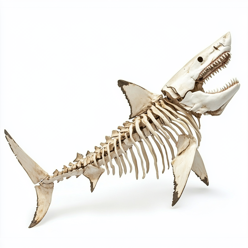 Great white shark skeleton, tail and mouth visible.