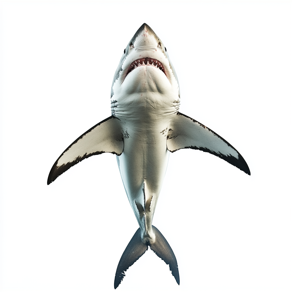 Great white shark with open mouth, tail focus.