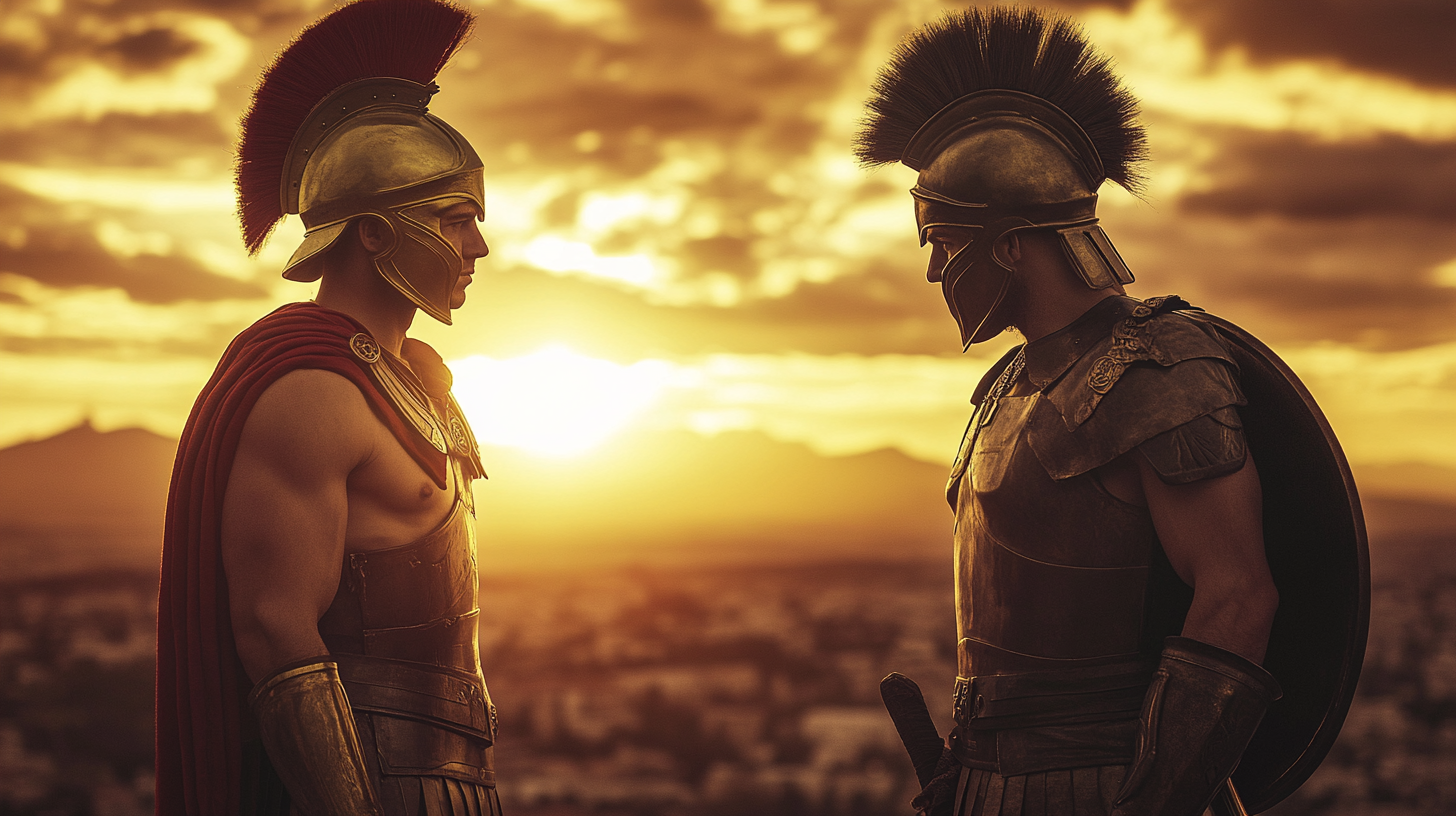 Greek and Spartan warriors ready for duel at sunset.