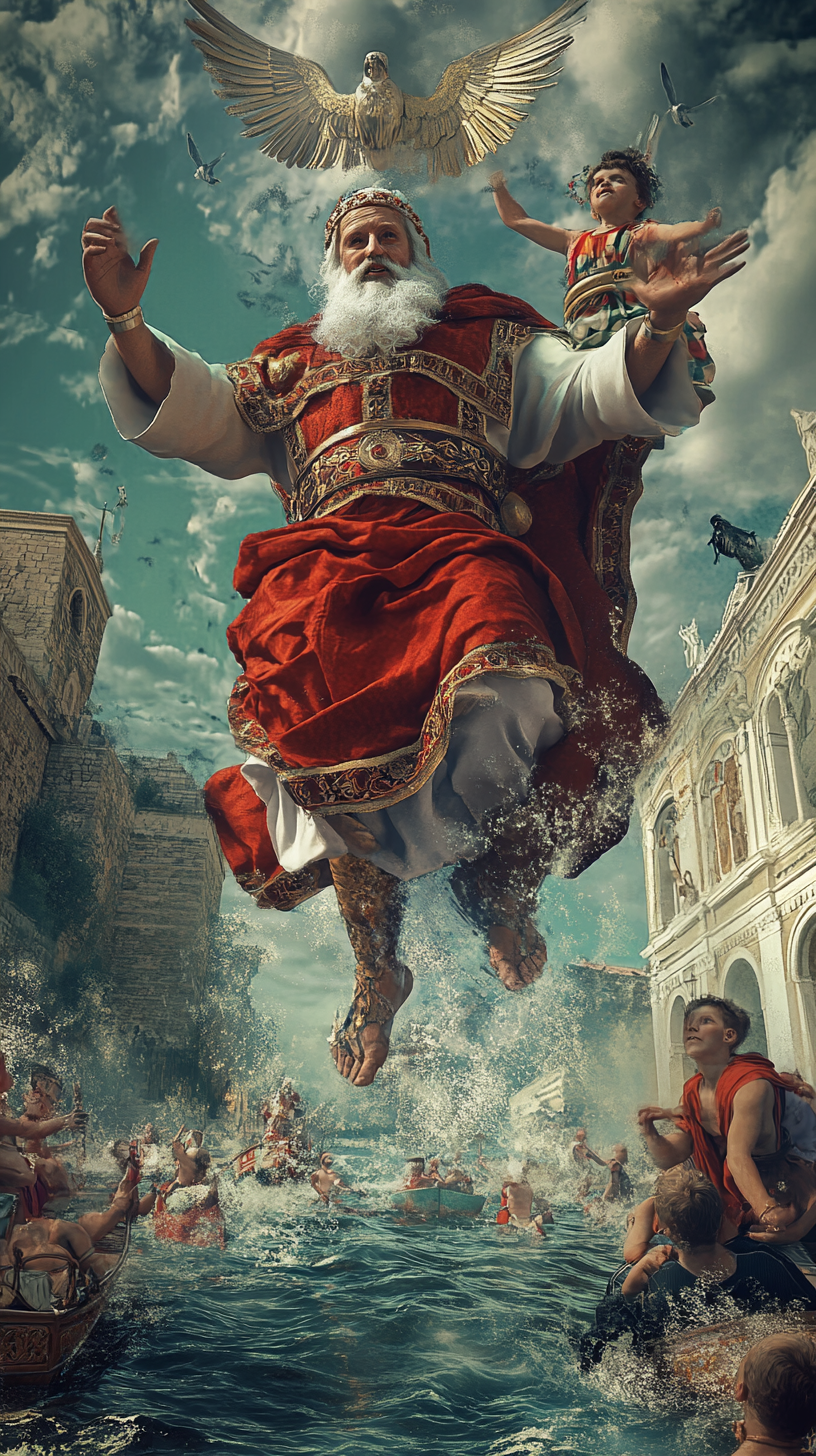Greek attire, charity, miracles, rescuing children, surreal, hyper-realistic.