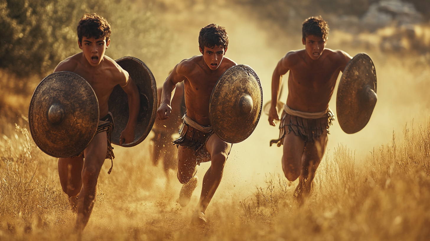 Greek boys training with heavy shields, overseen by warrior.