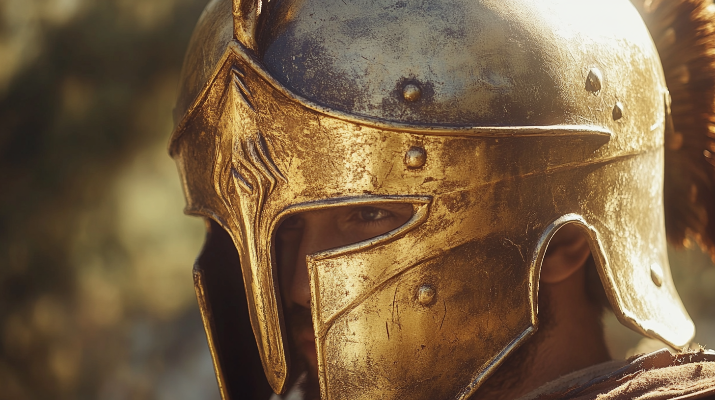 Greek hoplite's helmet, dented and scarred, Corinthian style.