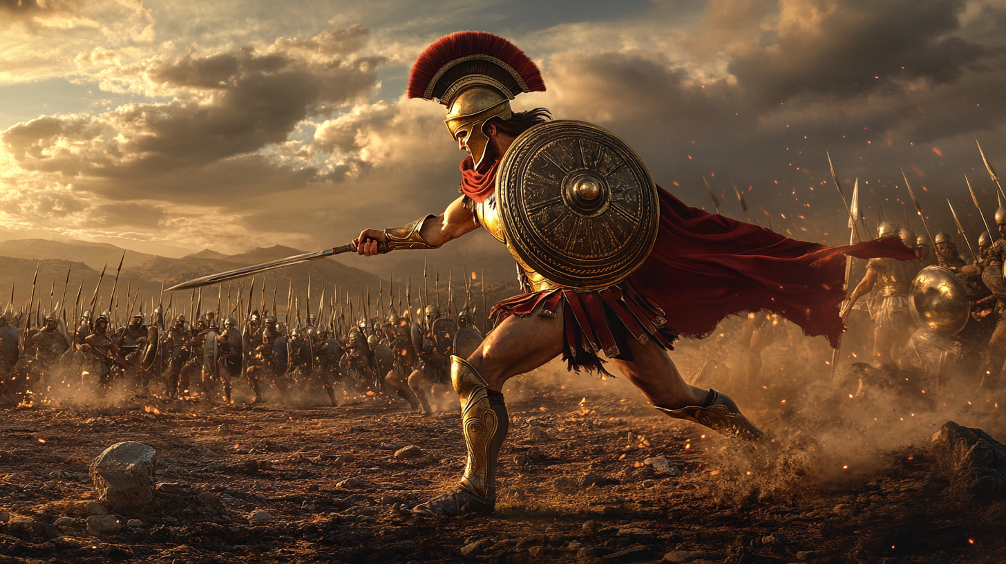 Greek hoplite charging, shield bashing enemies, breaking through force.