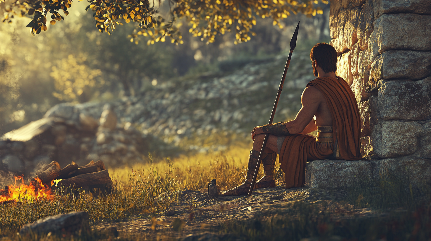 Greek hoplite relaxing in village by fire with spear.