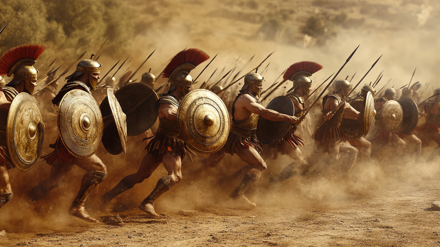 Greek hoplites charging, spears raised, shields forward, chaotic battle.