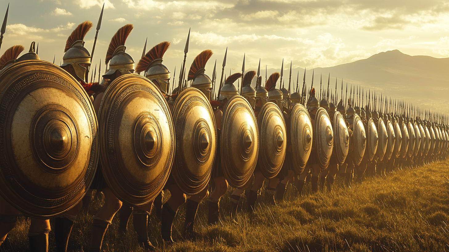 Greek hoplites in formation, ready for battle at dawn.