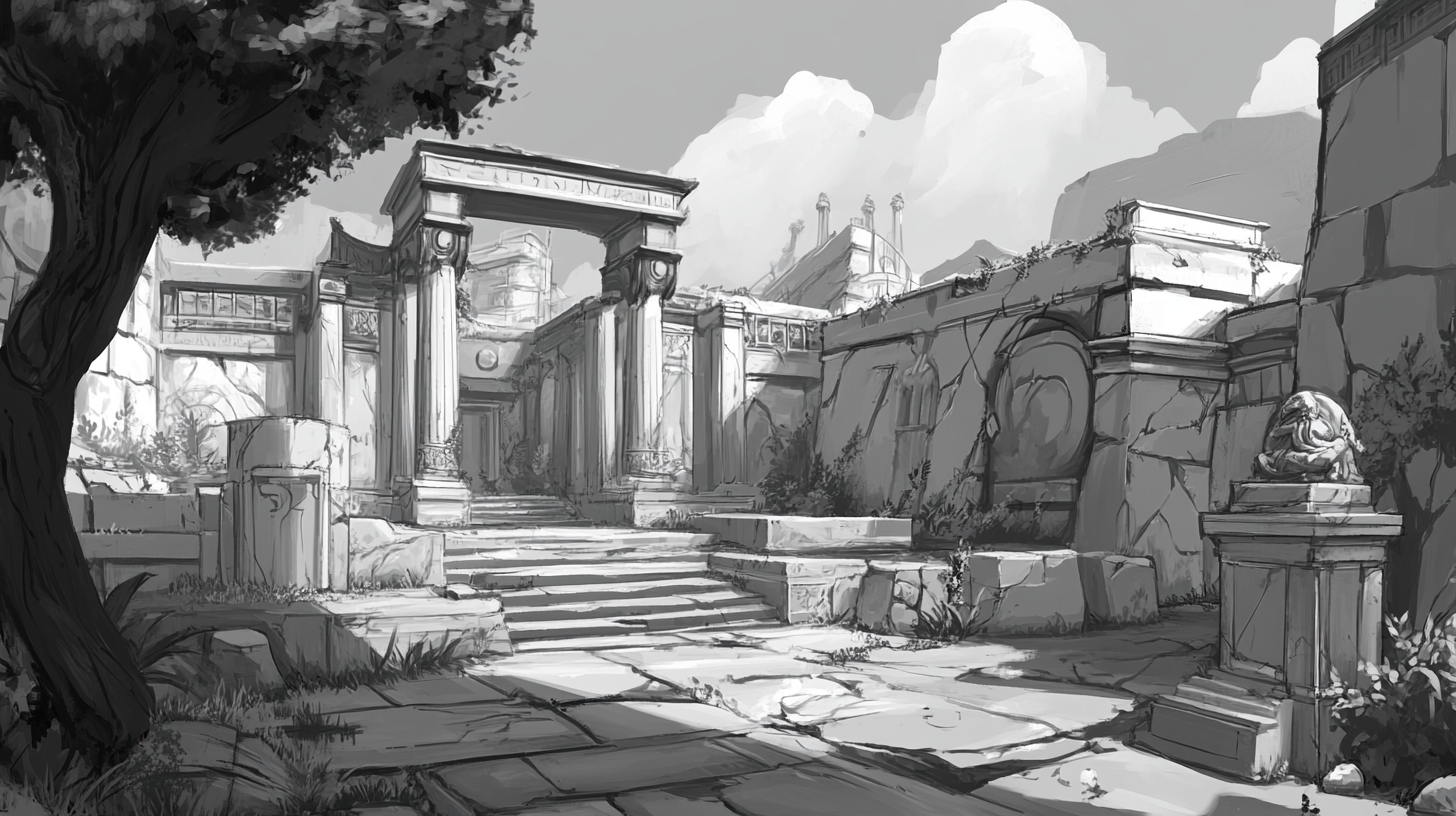 Greek mythology amusement park concept art, Overwatch-style, simplified.