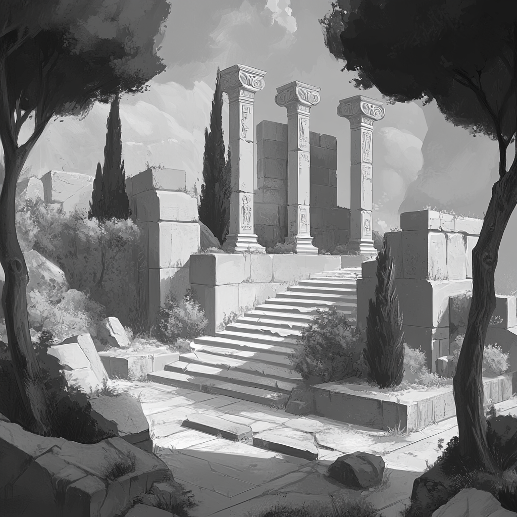 Greek mythology amusement park in grayscale. Inspired by Overwatch.