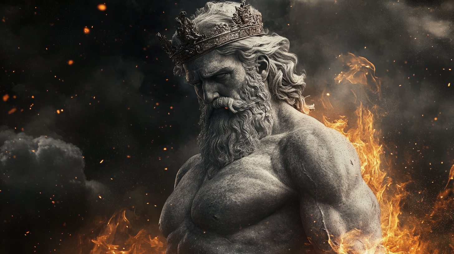 Greek philosopher with strong body, crown, flames, confidence.