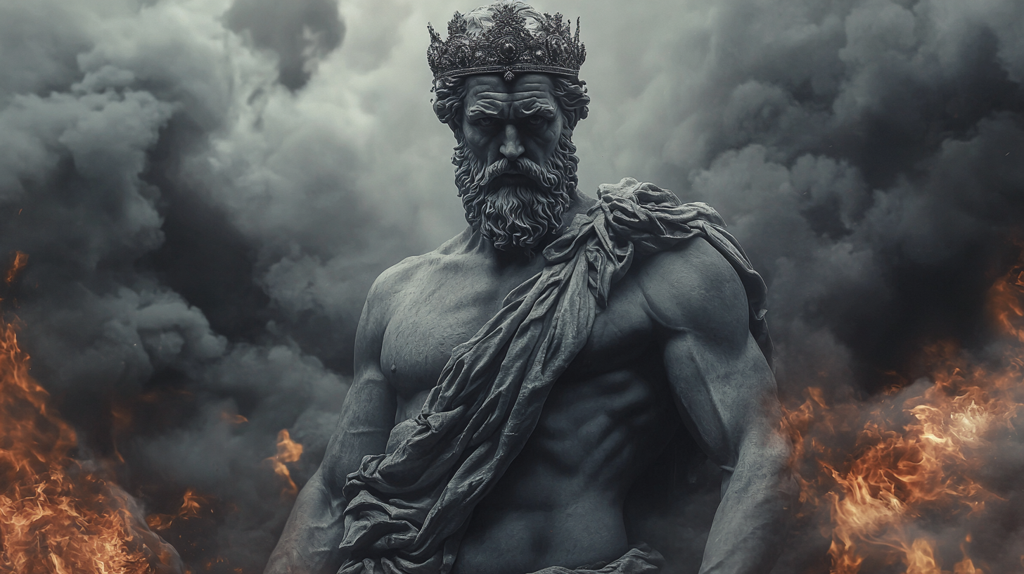 Greek philosopher with strong body dressed like king, surrounded by fires.