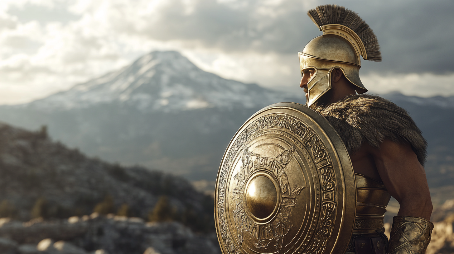 Greek soldier with shield in mountainous battlefield, detailed lighting