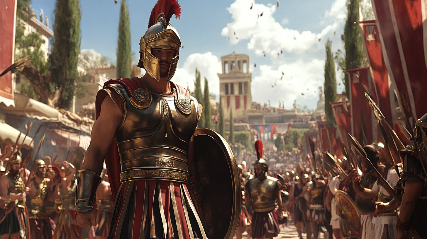 Greek soldiers parade in marketplace, colorful banners, citizens cheer.