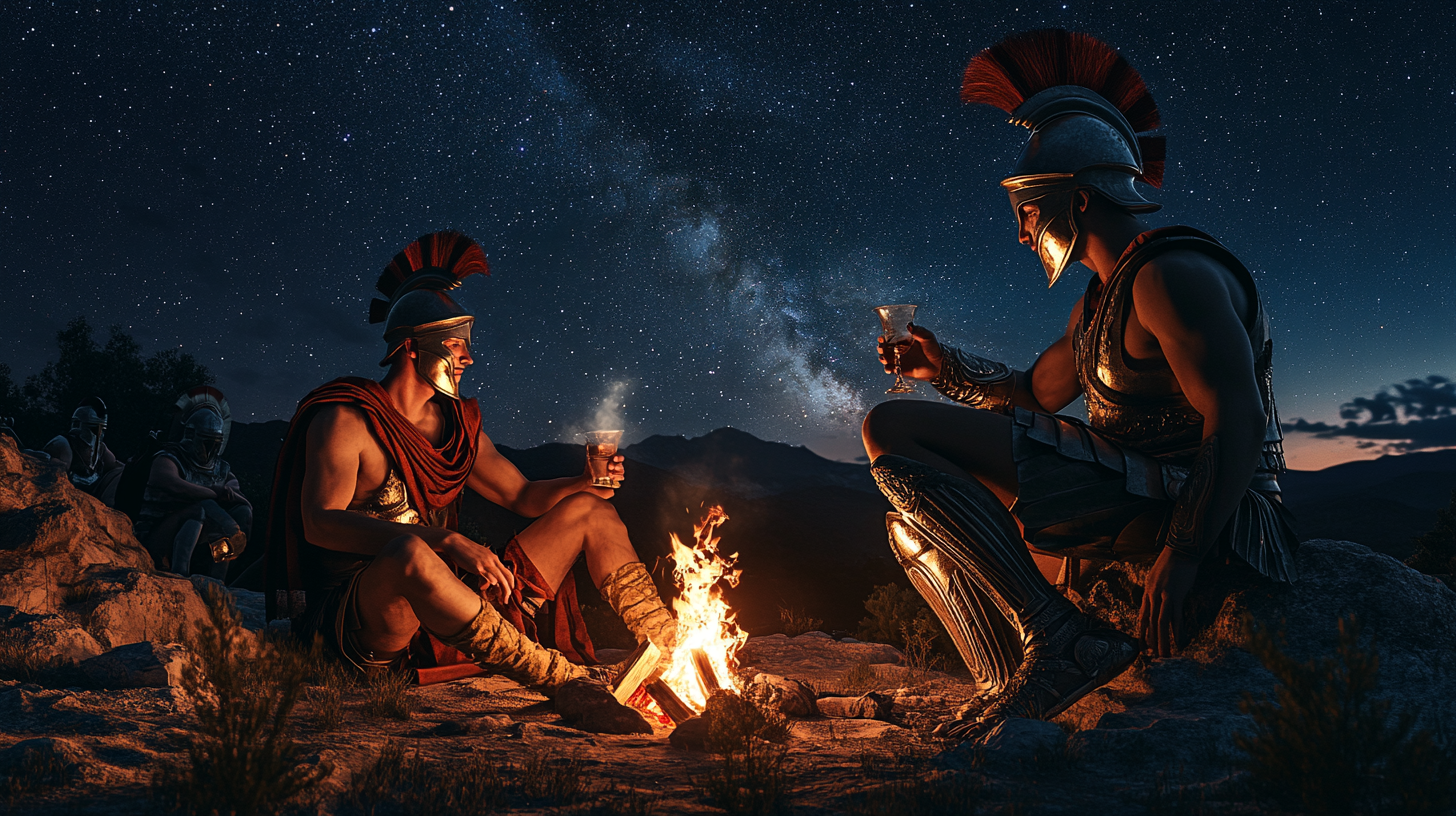 Greek soldiers sharing wine by campfire under starry sky.