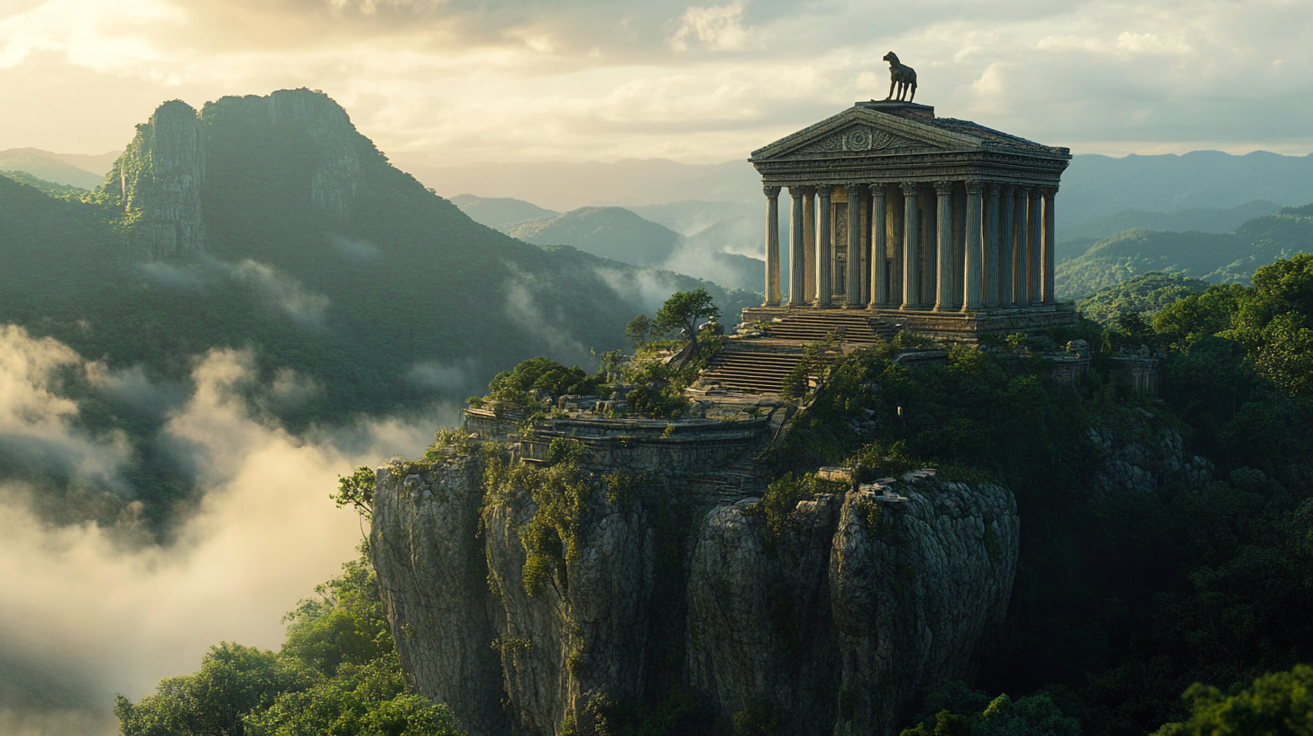 Greek temple with jaguar, Brazilian forest, cinematic color grading.