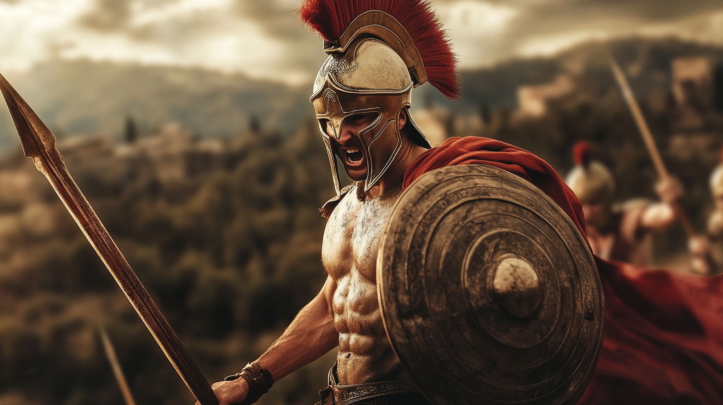 Greek warrior spearing enemy in dramatic battle scene.