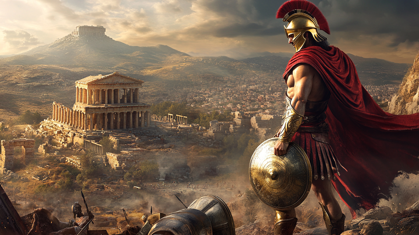 Greek warrior victorious in battle, temple in distance.