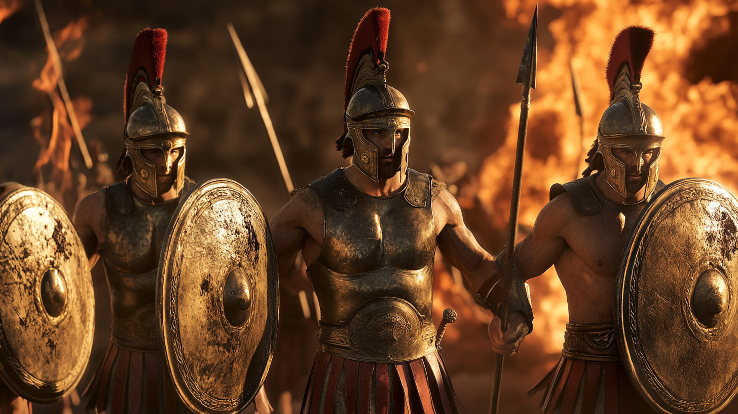 Greek warriors celebrating victory, burning enemy standard in background.