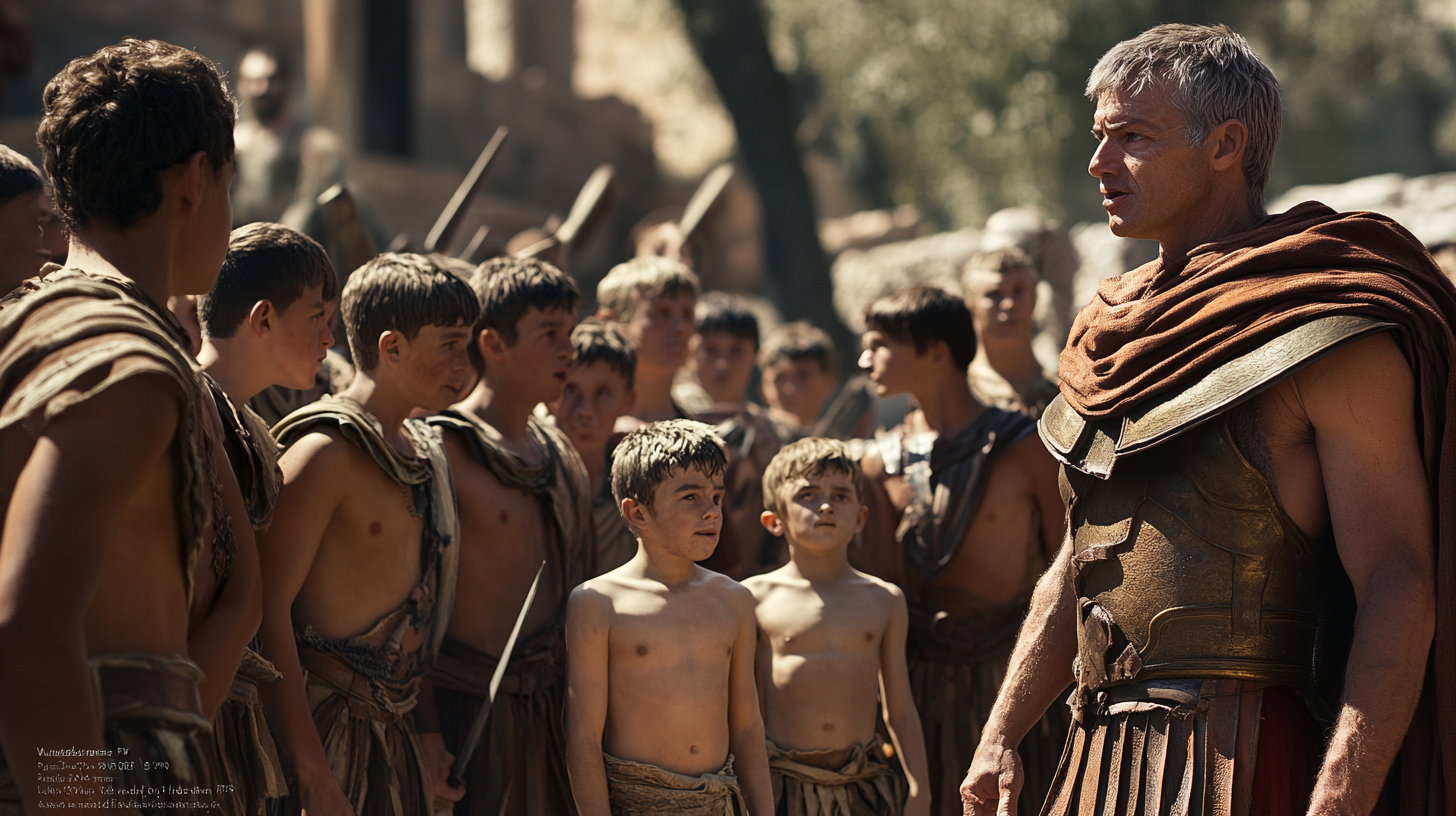 Greek youths training hard under watchful elders at sunrise.