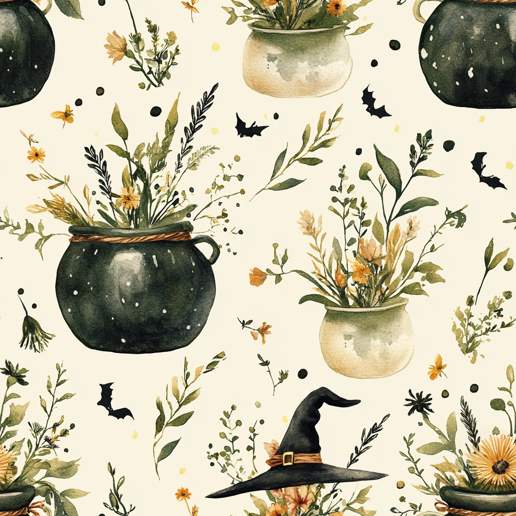 Green, black, and creme witch cauldron pattern design.