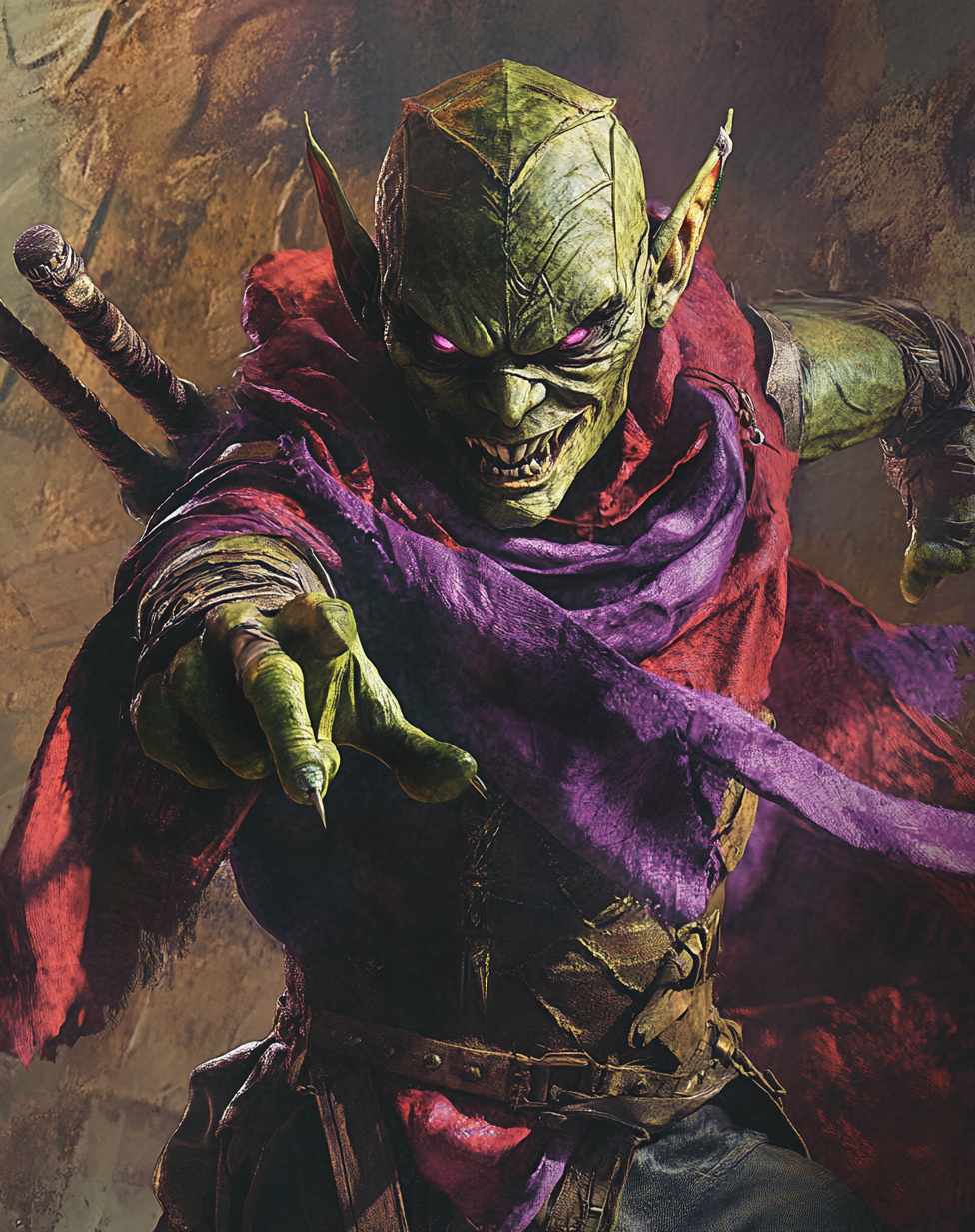 Green Goblin points while wearing colorful scarf on logo.