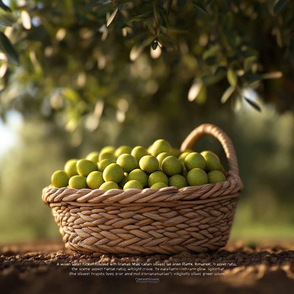 Green Iranian Olives in Woven Basket at Olive Grove