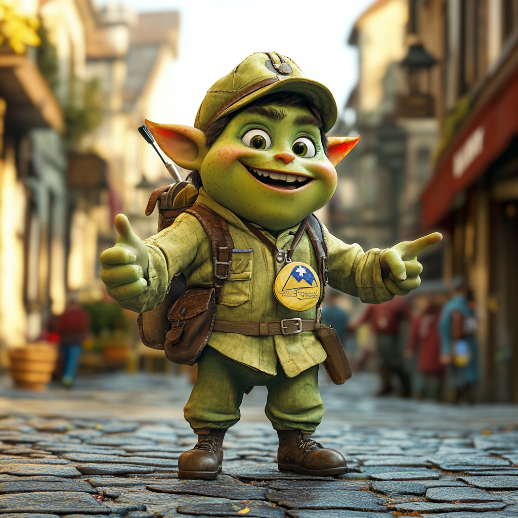 Green Orc Boy Scout Helping People In 3D Pixar Render