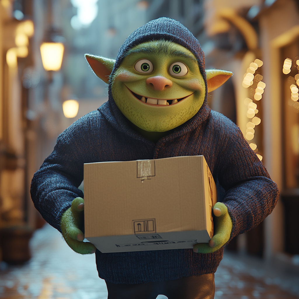 Green Orc Child Box Delivery in City, Pixar 3D Render