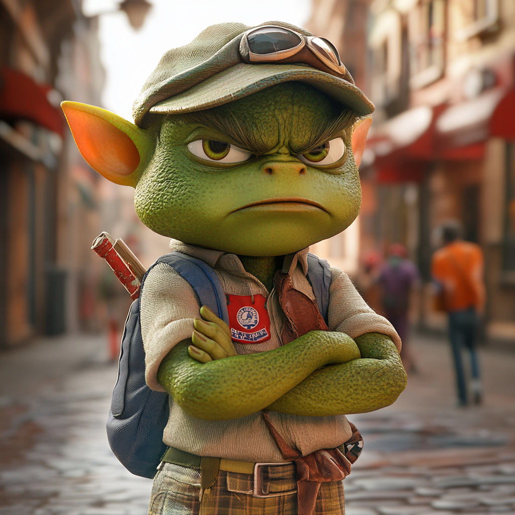 Green Orc Child Boy Scout Helping People 3D Render