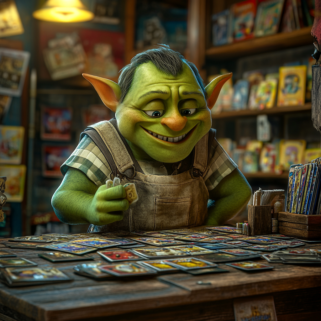 Green Orc Child Clerk in Pixar Card Game Store